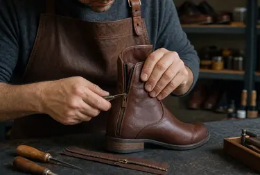 Sapateiro consertando um zíper de bota com ferramentas adequadas.