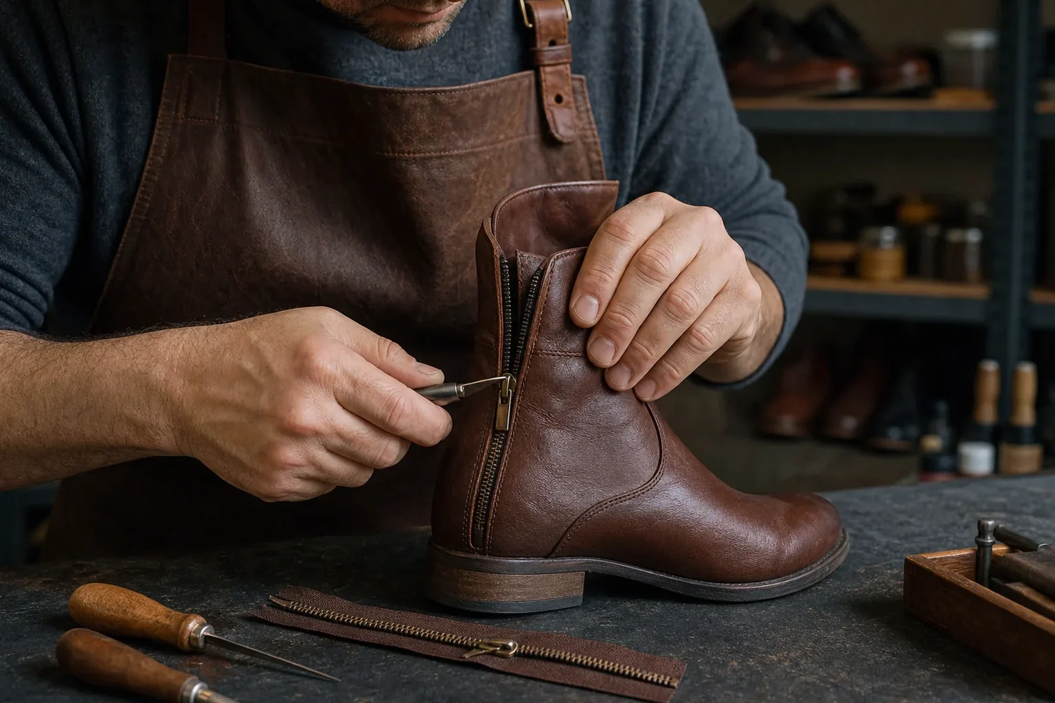 Sapateiro consertando um zíper de bota com ferramentas adequadas.