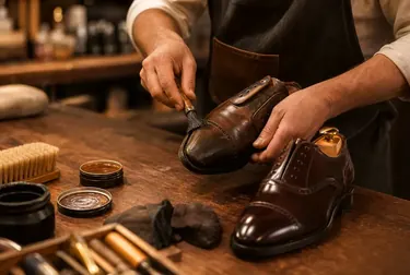 Sapateiro reformando um sapato social com atenção aos detalhes.